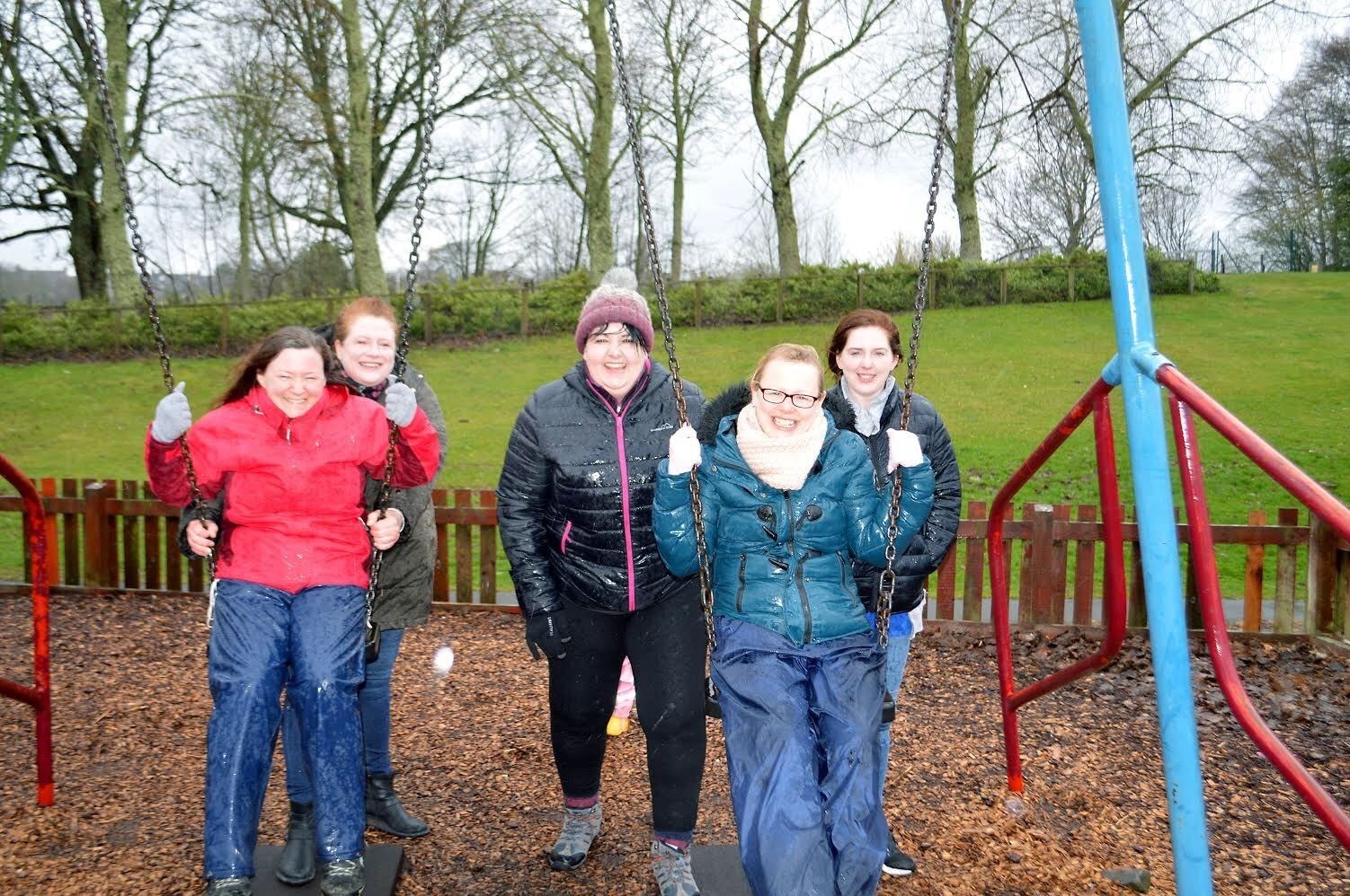 Pictured braving the weather and flying the flag for play park provision are (left to right): Fiona Mackintosh, Mhari Anne Thompson, Lynsey Gilmour, Angela Wilson and Lucy Veals.