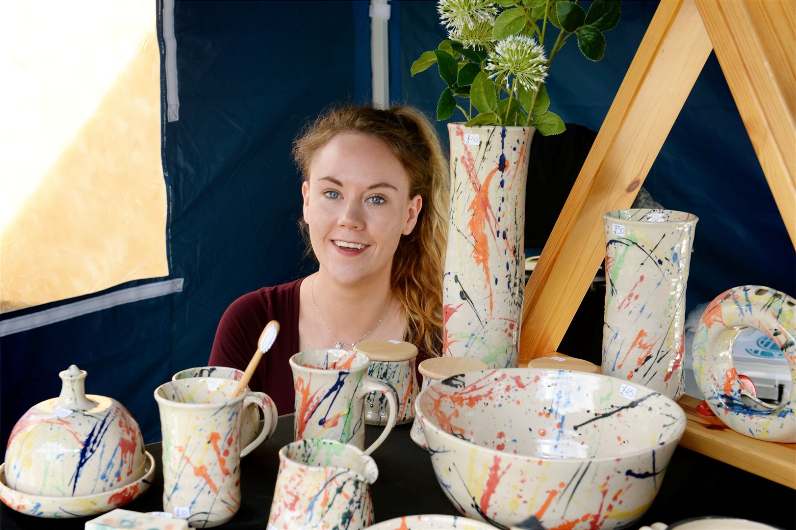 Wildwoodz Open Air Market 29 August 2020..Hannah R Morrison from Conon Bridge with her hand crafted and painted pottery..Picture: James Mackenzie..
