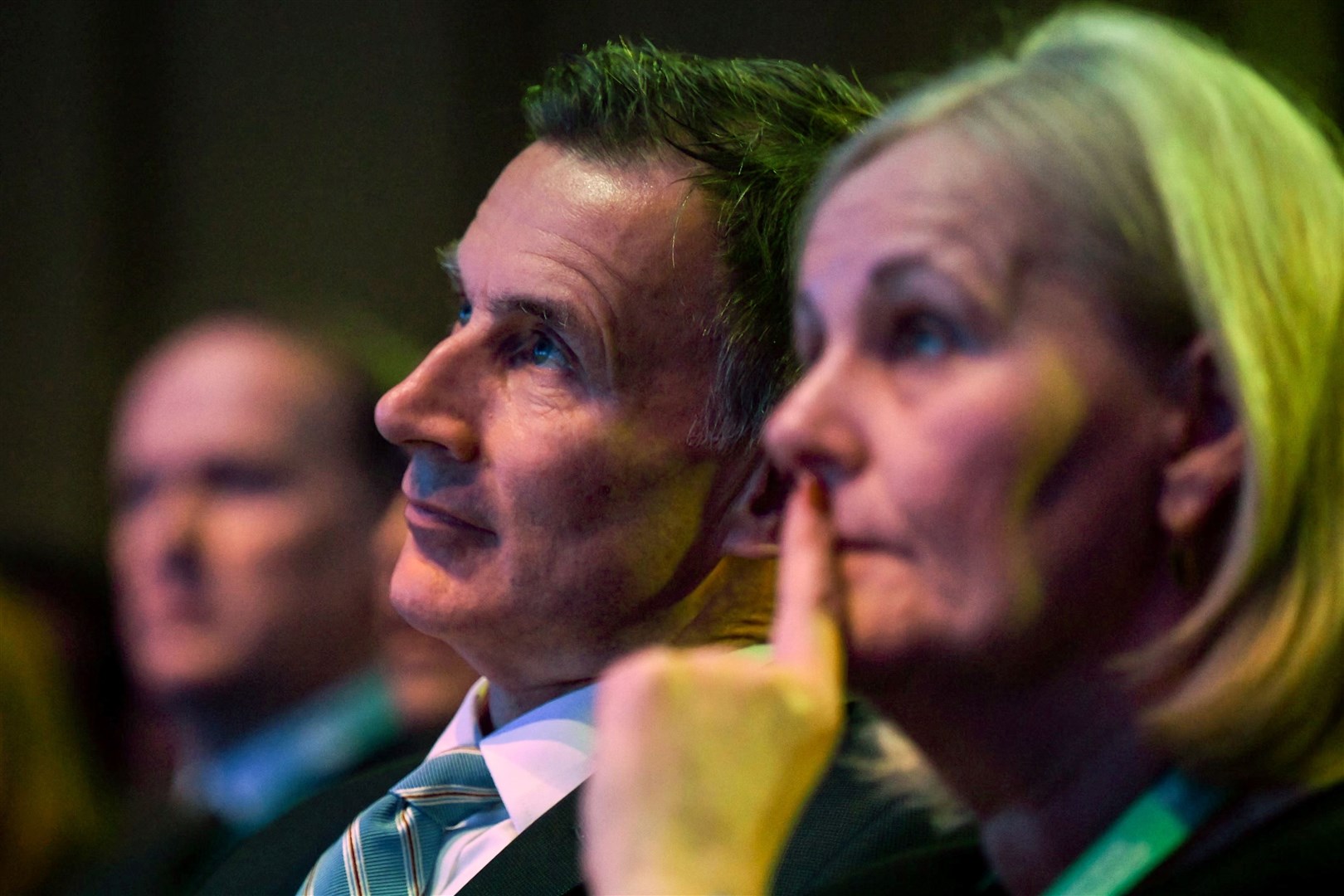 Chancellor Jeremy Hunt listens to Rishi Sunak’s speech at the Business Connect event (Daniel Leal/PA)