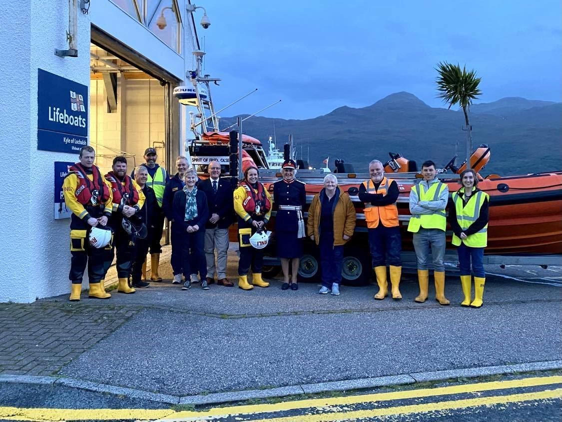 Lord Lieutenant Joanie Whiteford and members of the Kyle RNLI crew during her visit to their latest training event. Picture: Kyle RNLI.