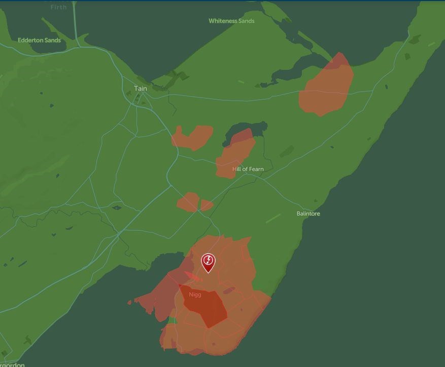 The areas affected by the power cut (shaded in red) in Easter Ross. The worst affected area was centred on Nigg and the eastern shores of Nigg Bay.