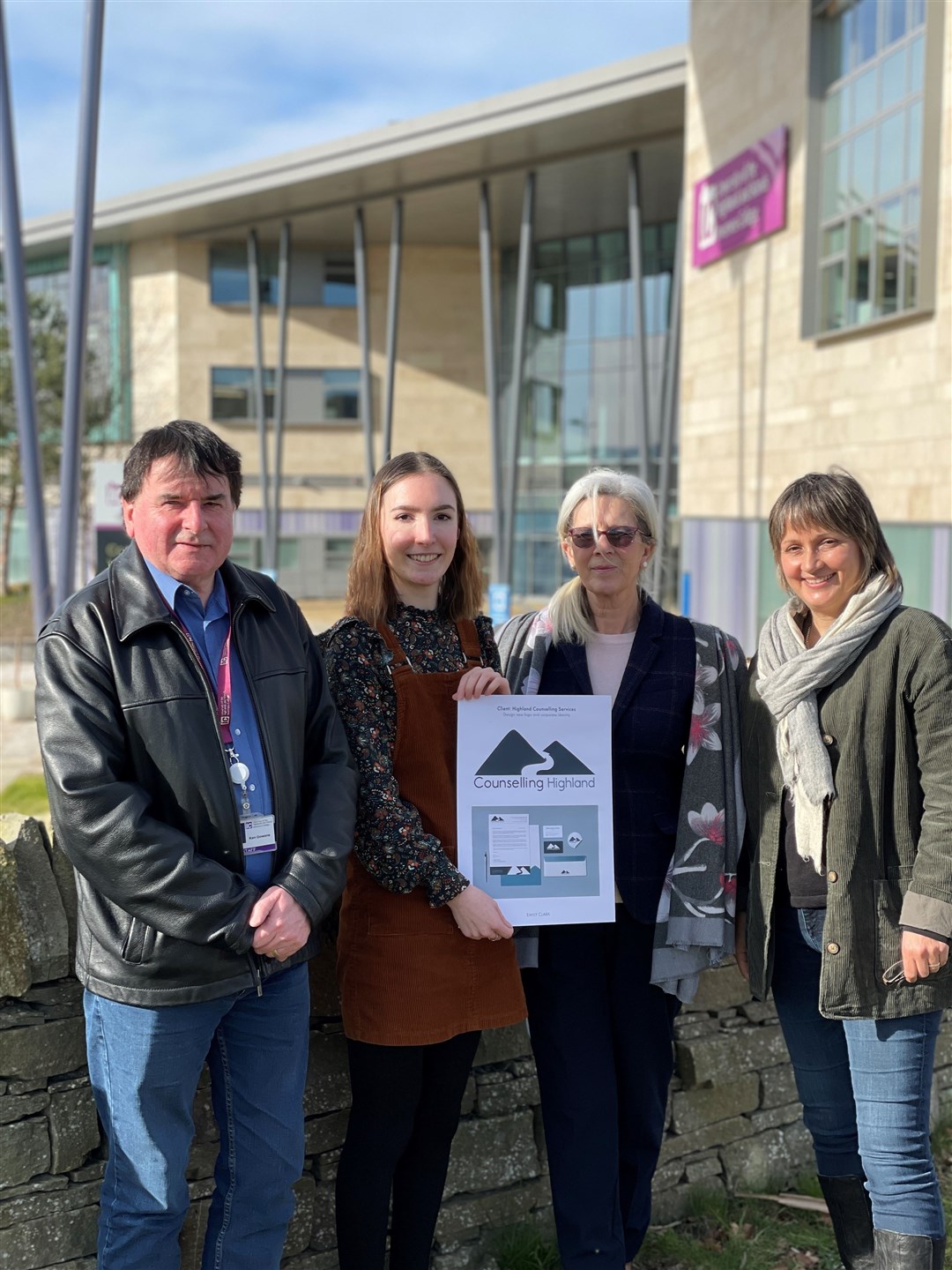 Left to right, Ken Gowans, Inverness College UHI visual communications lecturer; HND visual communication student Emily Clark with her winning design; Counselling Highland chairwoman Anita Parker; and Counselling Highland manager Sarah Speakman.