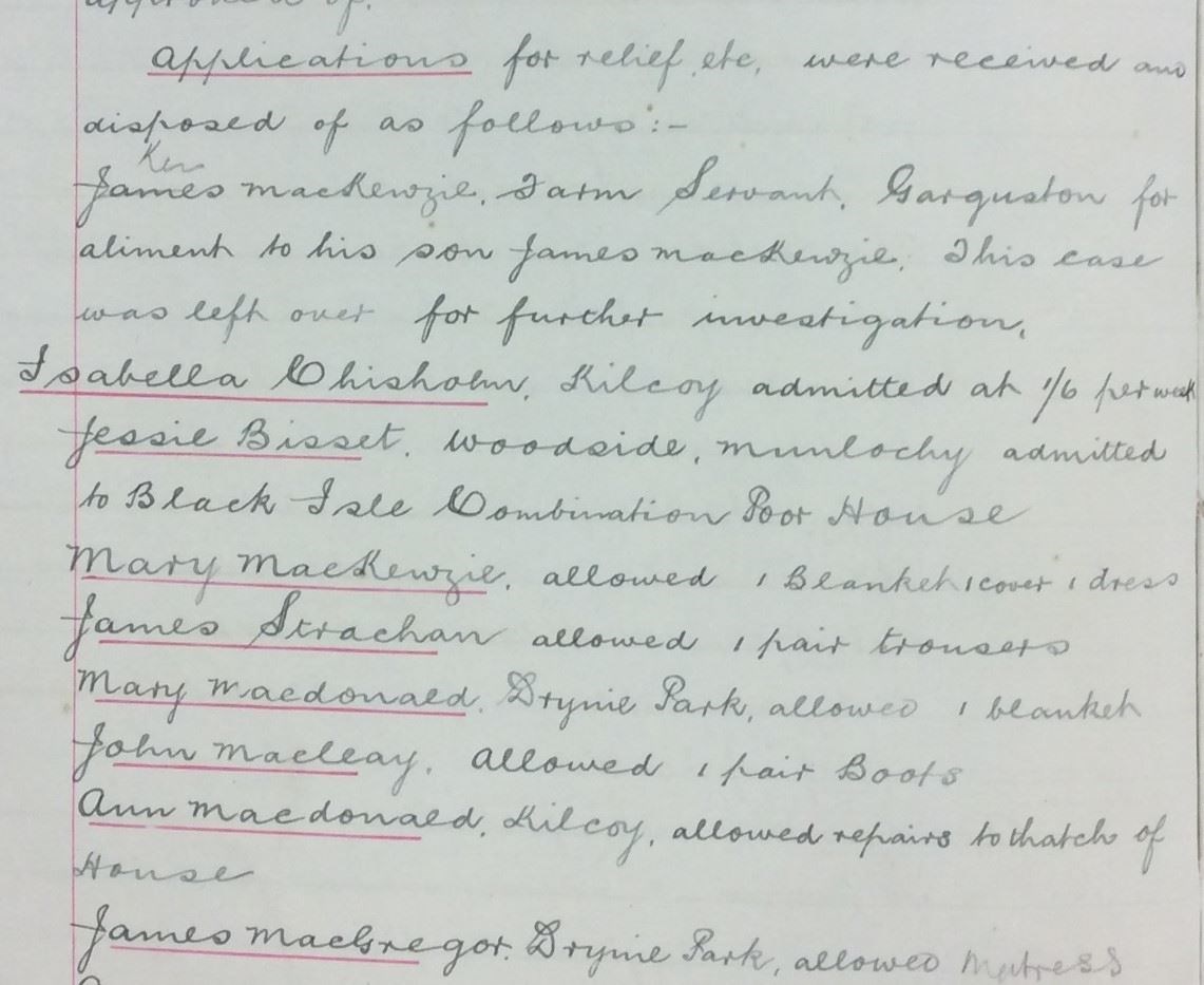 Extract from Killearnan Parish Council minutes detailing poor relief, 1910.