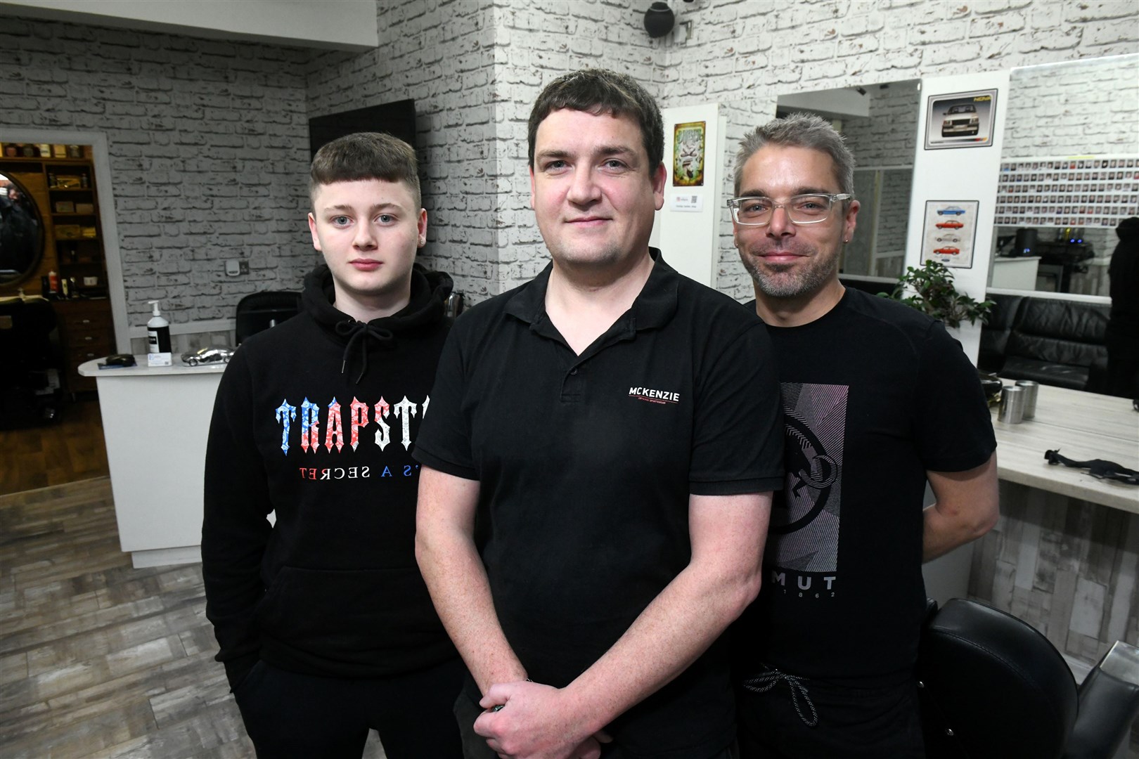 Cooper Patrick, Apprentice, Darren Kettle, Owner and Craig Markey, Senior Barber Stylist. Picture: James Mackenzie.