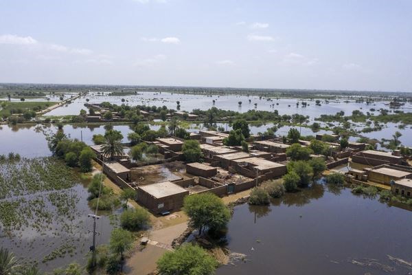 An aerial view of a flooded residential area of Bego Kaka village, in Matiari District in Sindh Province of Pakistan. Picture courtesy of Foreign, Commonwealth & Development Office
