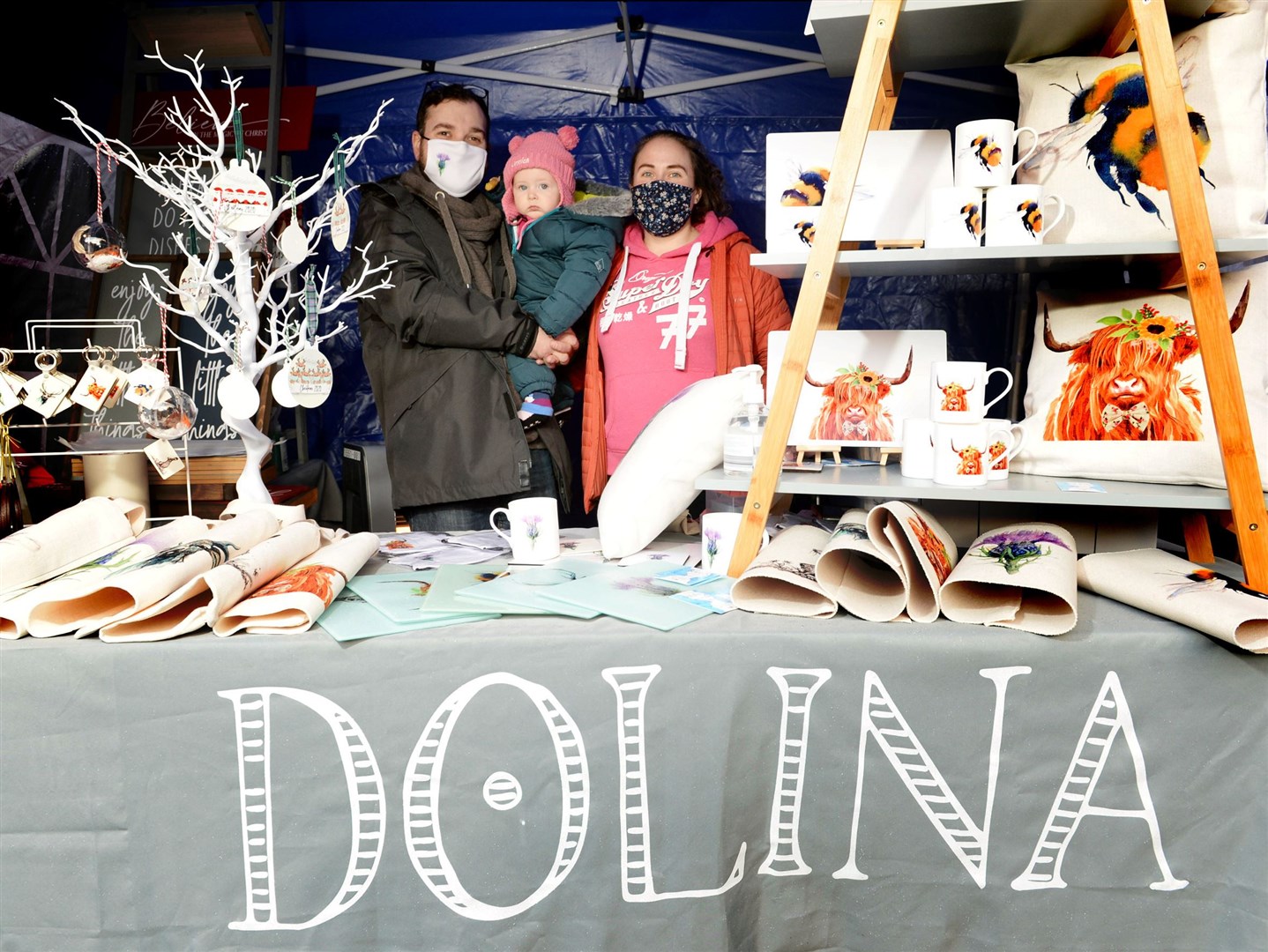 Wildwoodz Christmas Market November 2020..Ciorstaidh, Jessica and Robert Day, Dolina from Drumnadrochit..Picture: James Mackenzie..