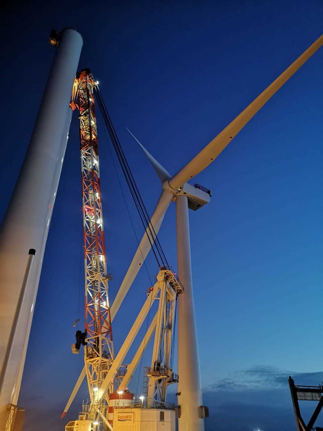 The first wind turbine has been erected at the Moray East offshore wind farm.