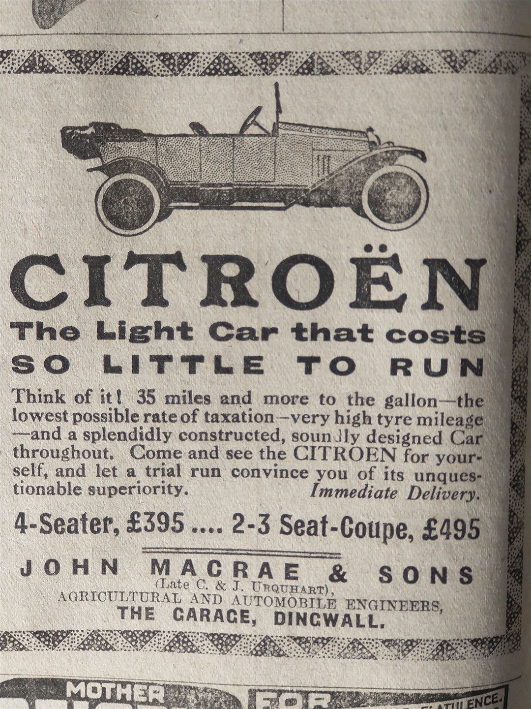 An advert for a Citroen motor car 100 years ago in the Ross-shire.
