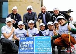 ClubGolf juniors and volunteer coaches from Turnhouse GC launch the RBS Junior Club and volunteer awards with David Gaffner, RBS media manager UK Corporate Media, and ClubGolf regional manager Laura Rushby at RBS Gogarburn, Edinburgh.