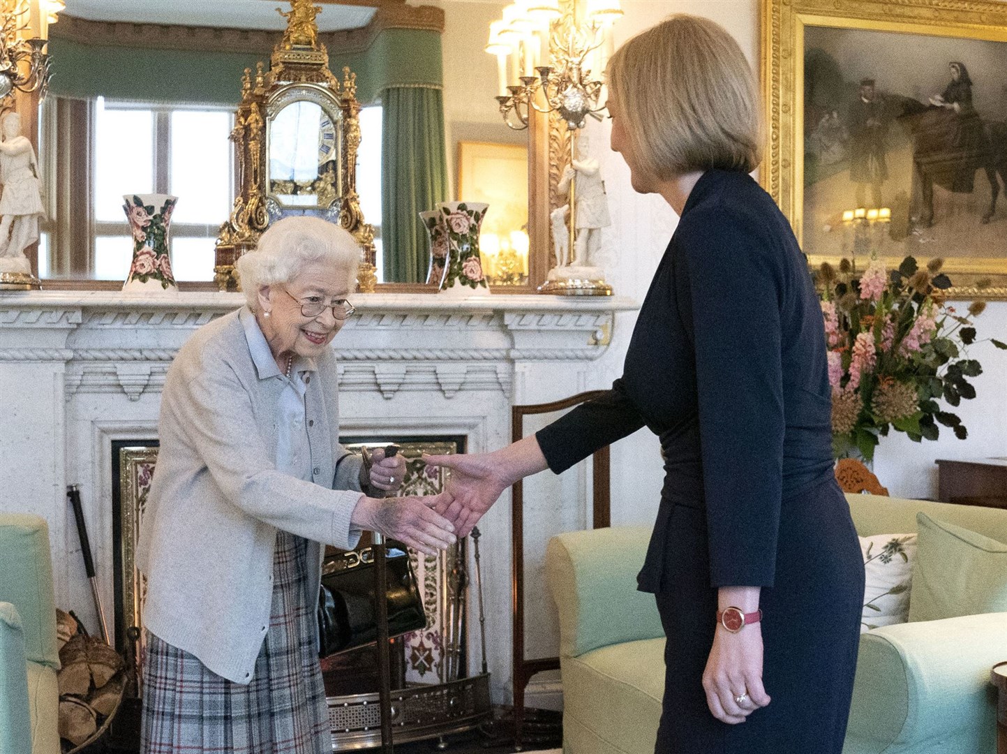 Queen Elizabeth II welcoming Liz Truss at Balmoral, Scotland to appoint her as prime minister (Jane Barlow/PA)