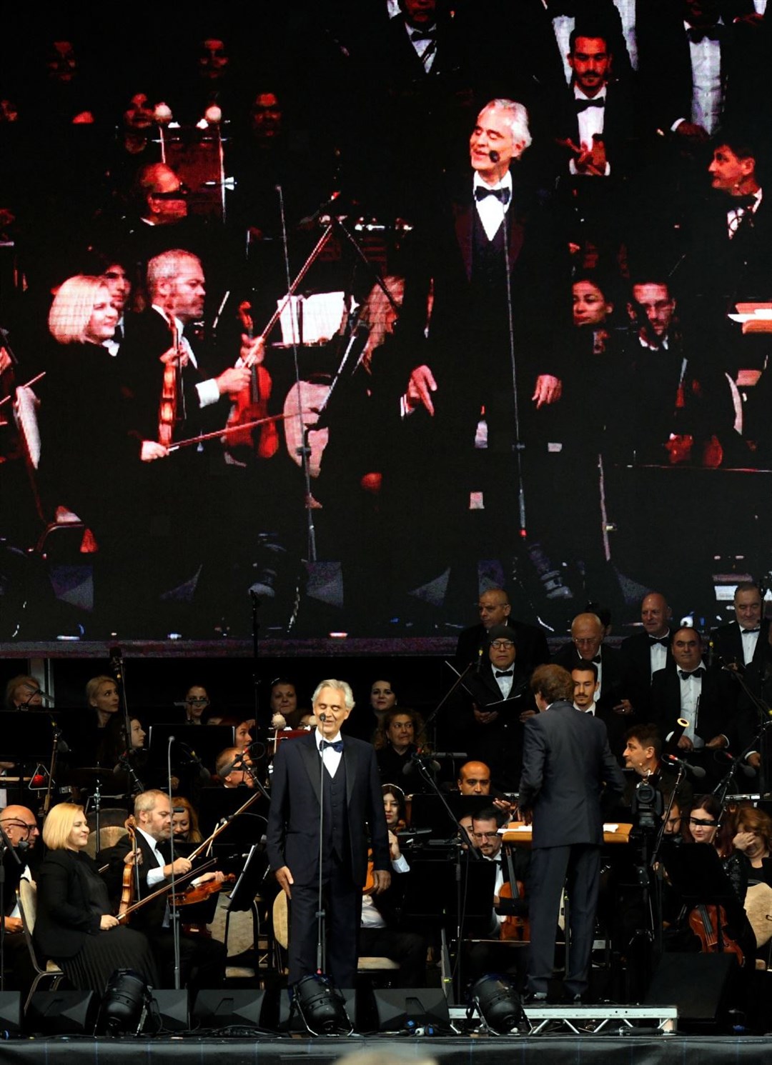 The big screen at the back of the stage meant the audience could get close-ups of Andrea Bocelli and the musicians and singers. Picture: James Mackenzie