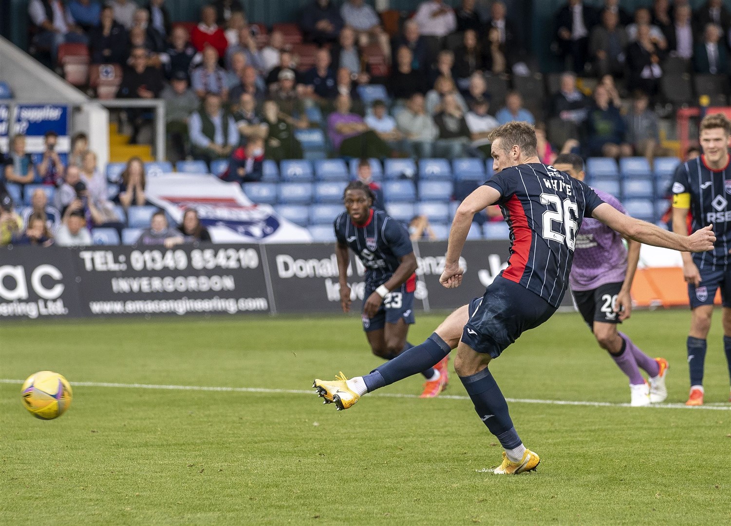 Picture - Ken Macpherson, Inverness. Ross County(2) v Rangers(4). 22.08.21. Ross County's Jordan White scores from the penalty-spot.