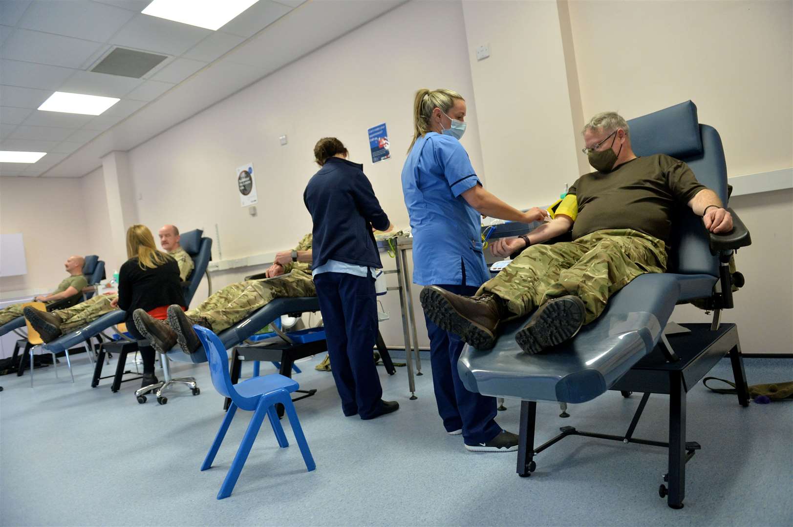 The reservists undertake their mission to donate blood at Raigmore Hospital, Inverness.
