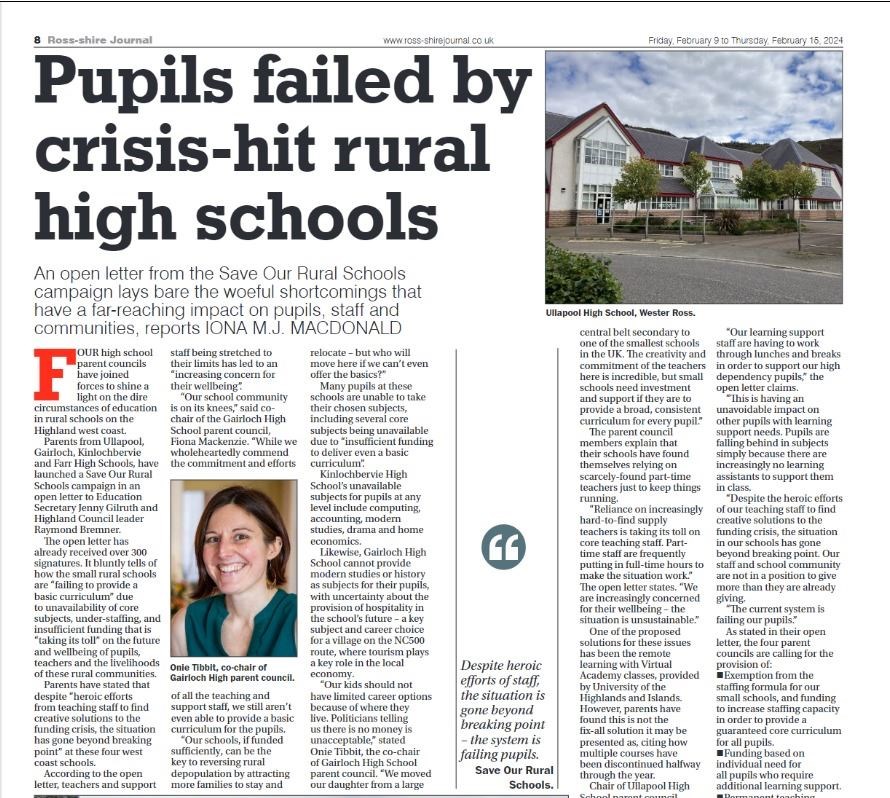 How we reported the launch of the Save Our Rural Schools campaign in the Ross-shire Journal (February 9, 2024).