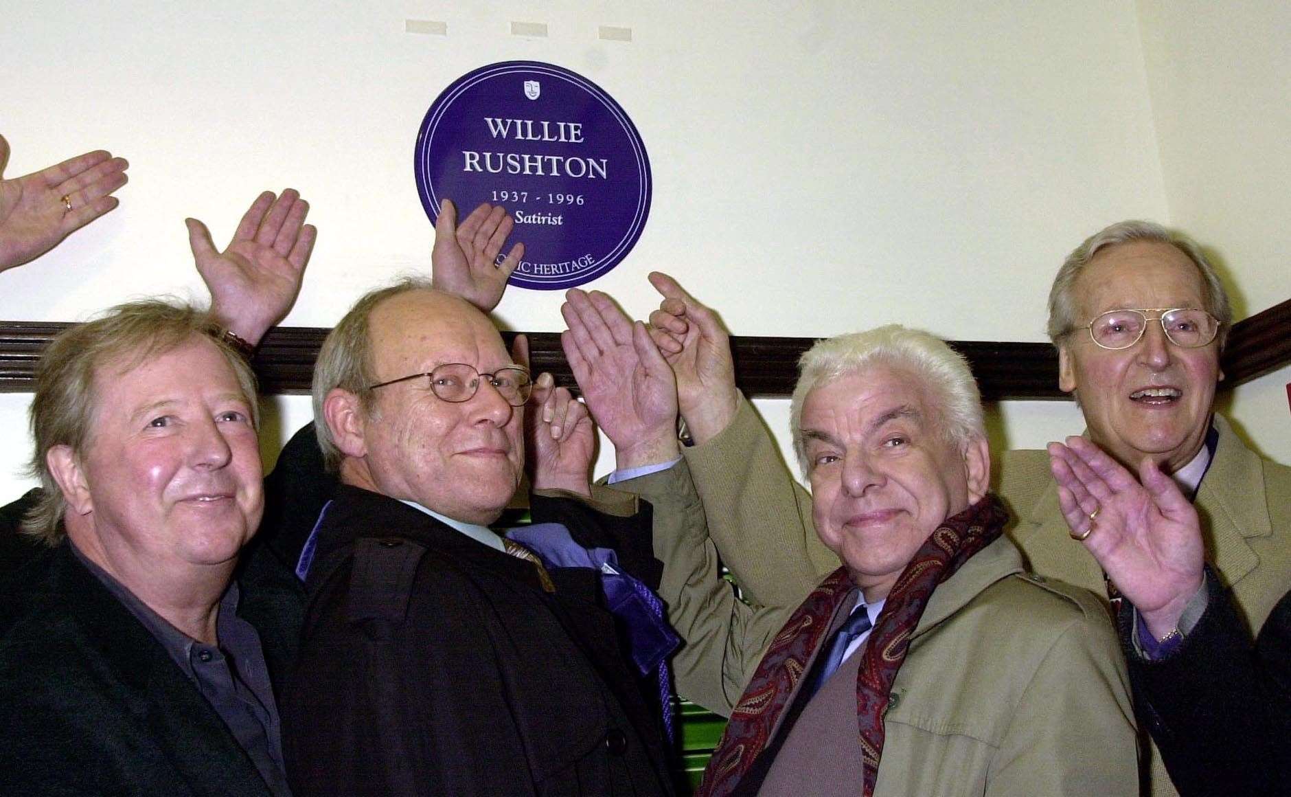 (from left) Comedians Tim Brooke-Taylor, Graeme Garden, Barry Cryer, and Nicholas Parsons at Mornington Crescent underground station in London, unveiling of a comic heritage plaque to Willie Rushton 2002 (John Stillwell/PA)