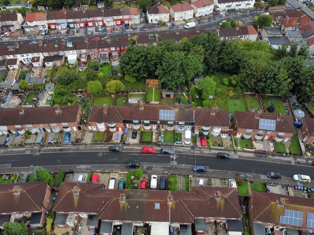 An aerial view of the scene in Kingsheath Avenue, Knotty Ash, Liverpool, where a nine-year-old girl has been fatally shot (Peter Byrne/PA)