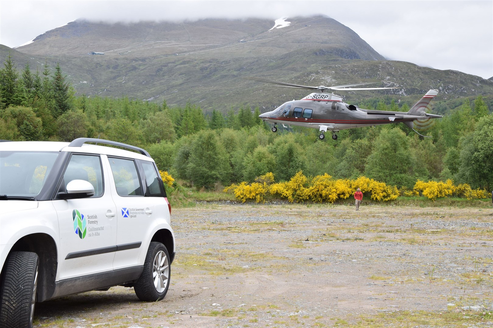 A vehicle and helicopter prepare for survey work.