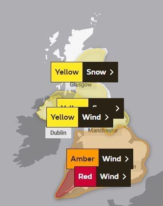 The latest Storm Eunice warning from the Met Office for the UK tomorrow.