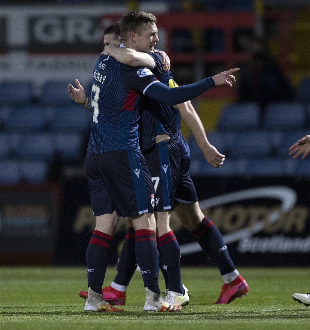 Picture - Ken Macpherson, Inverness. Scottish Cup 3rd Round. Ross County(1) v Inverness CT(3). 02.04.21. Ross County's Billy McKay celebrates his goal.