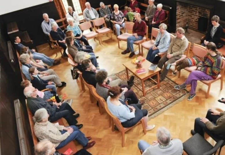 A scene from a Quaker meeting in central England.