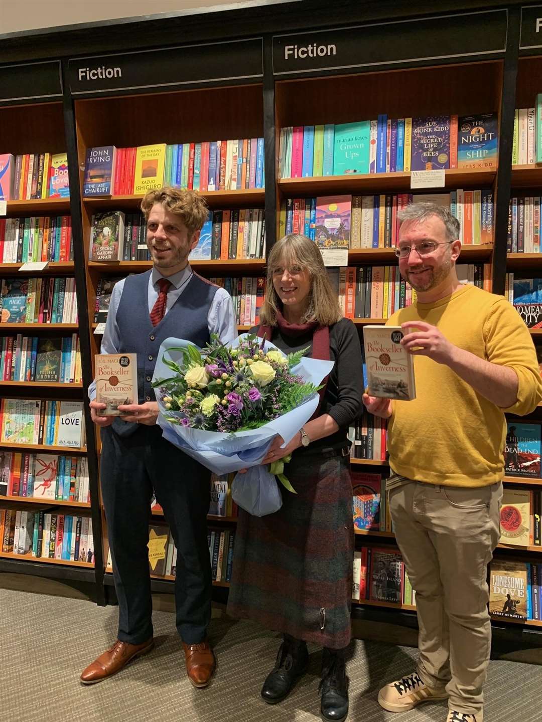 Writer Shona MacLean with Peter Sim and Toby Ritty, of Waterstones in Inverness.