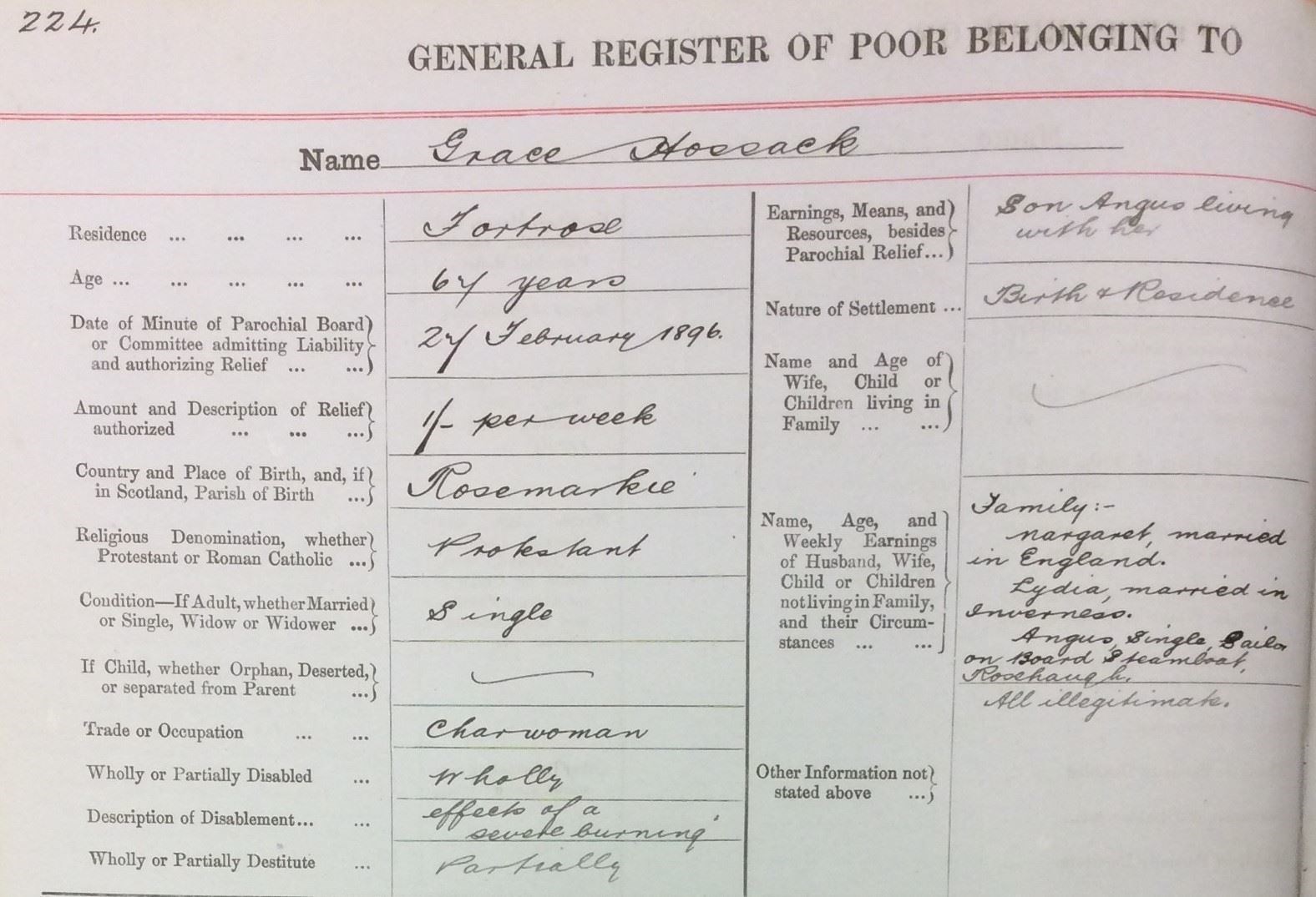 Rosemarkie Parochial Board General Register of Poor, Grace Hossack.