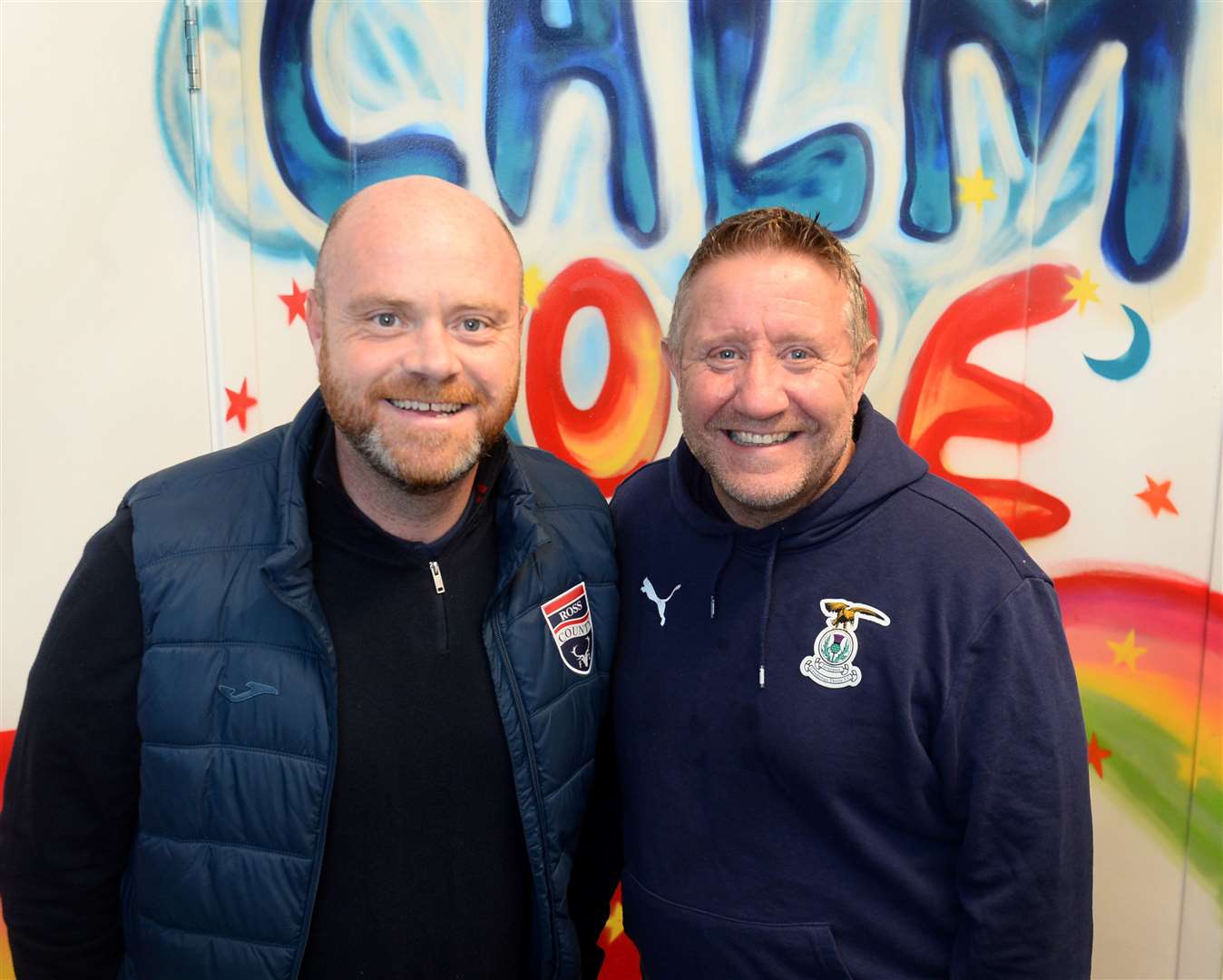 Mikeysline ambassadors Ross County chief executive Steven Ferguson and John Robertson, sporting director at Inverness Caledonian Thistle, unite to raise awareness of the charity on Suicide Prevention Day. Picture Gary Anthony
