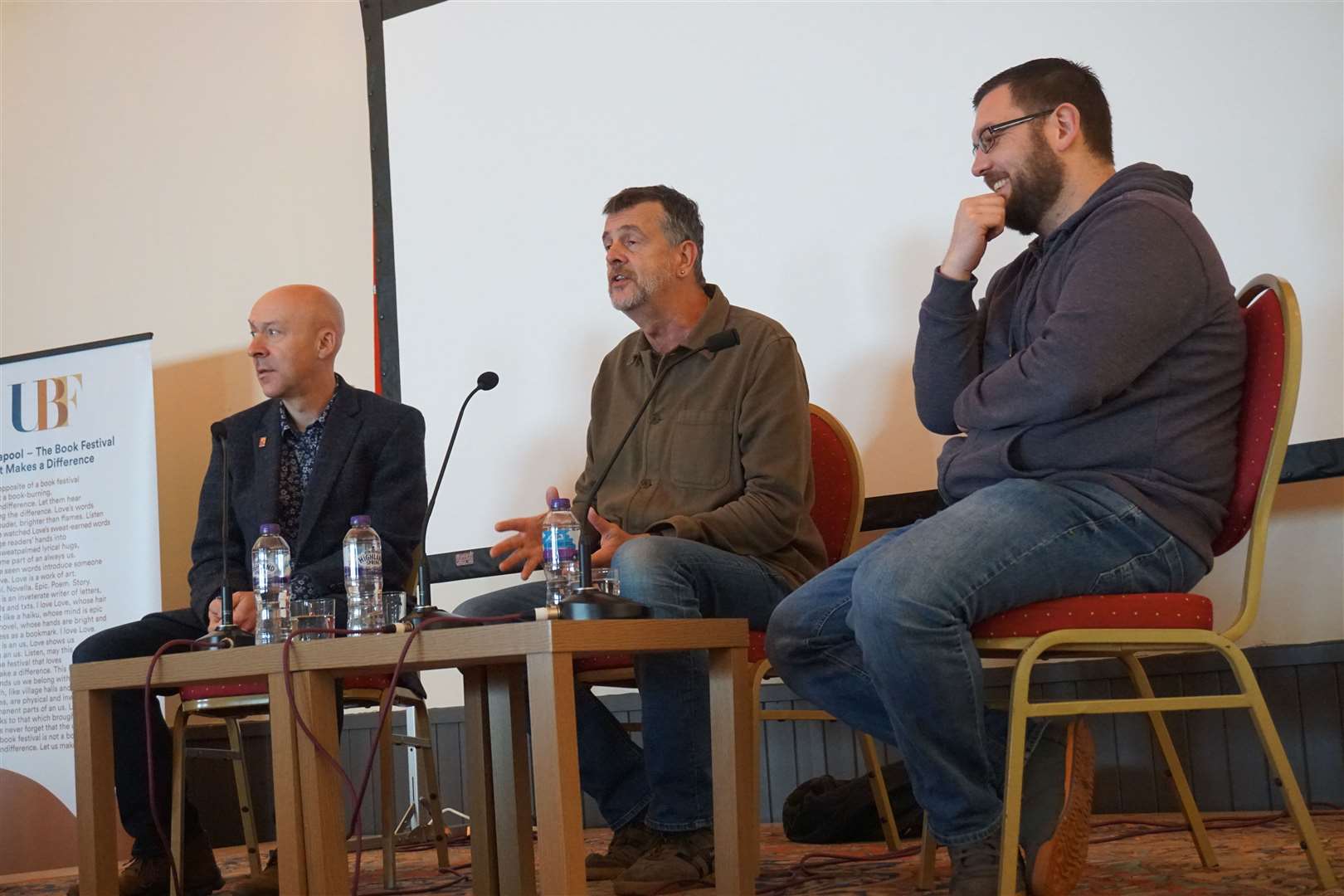 The first session with the Fun Lovin' Crime Writers' members, Mark Billingham, Chris Brookmyre, Luca Veste.