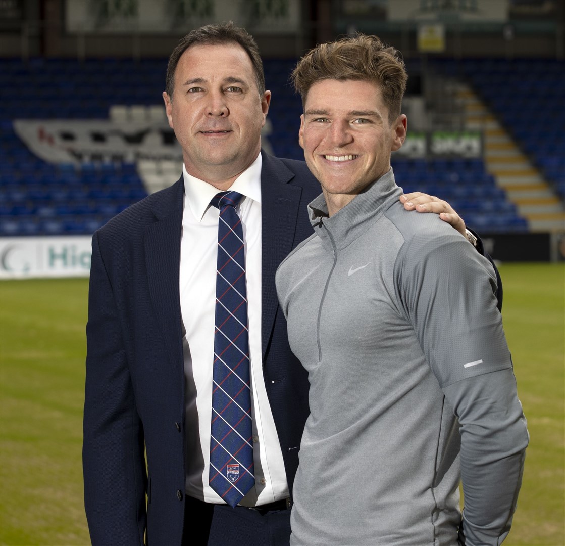 Picture - Ken Macpherson, Inverness. See story. New Ross County manager Malky Mackay pictured in Dingwall yesterday (Weds) with his 1st new signing Ross Callachan.