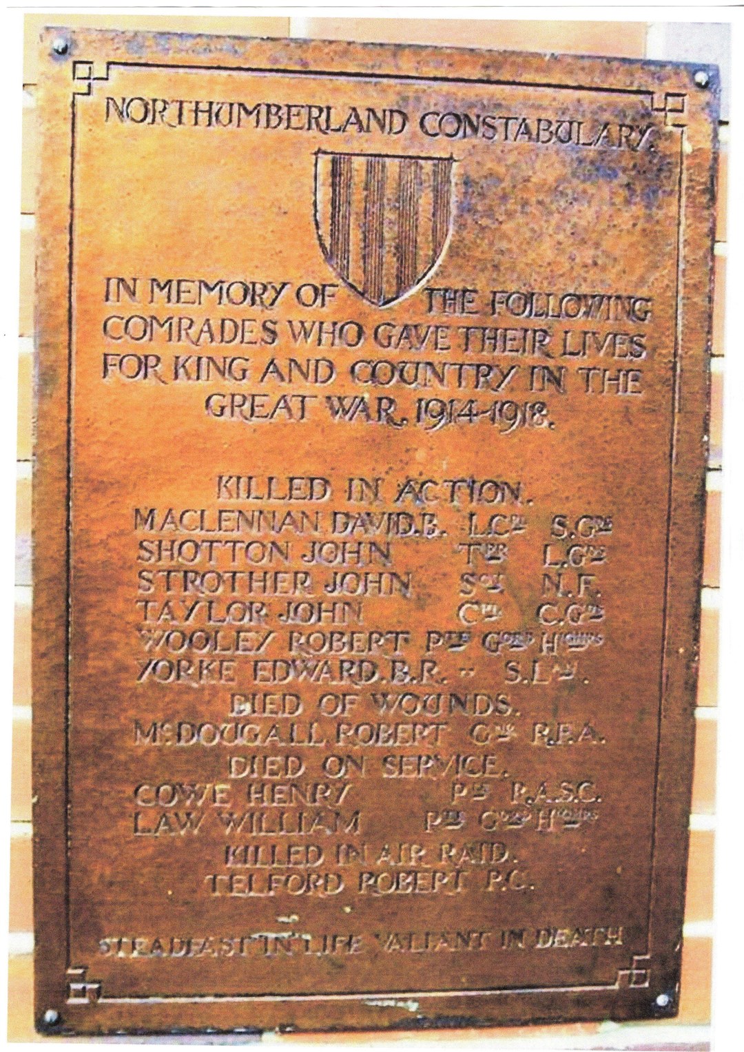 His name appears on this memorial erected in Northumberland.