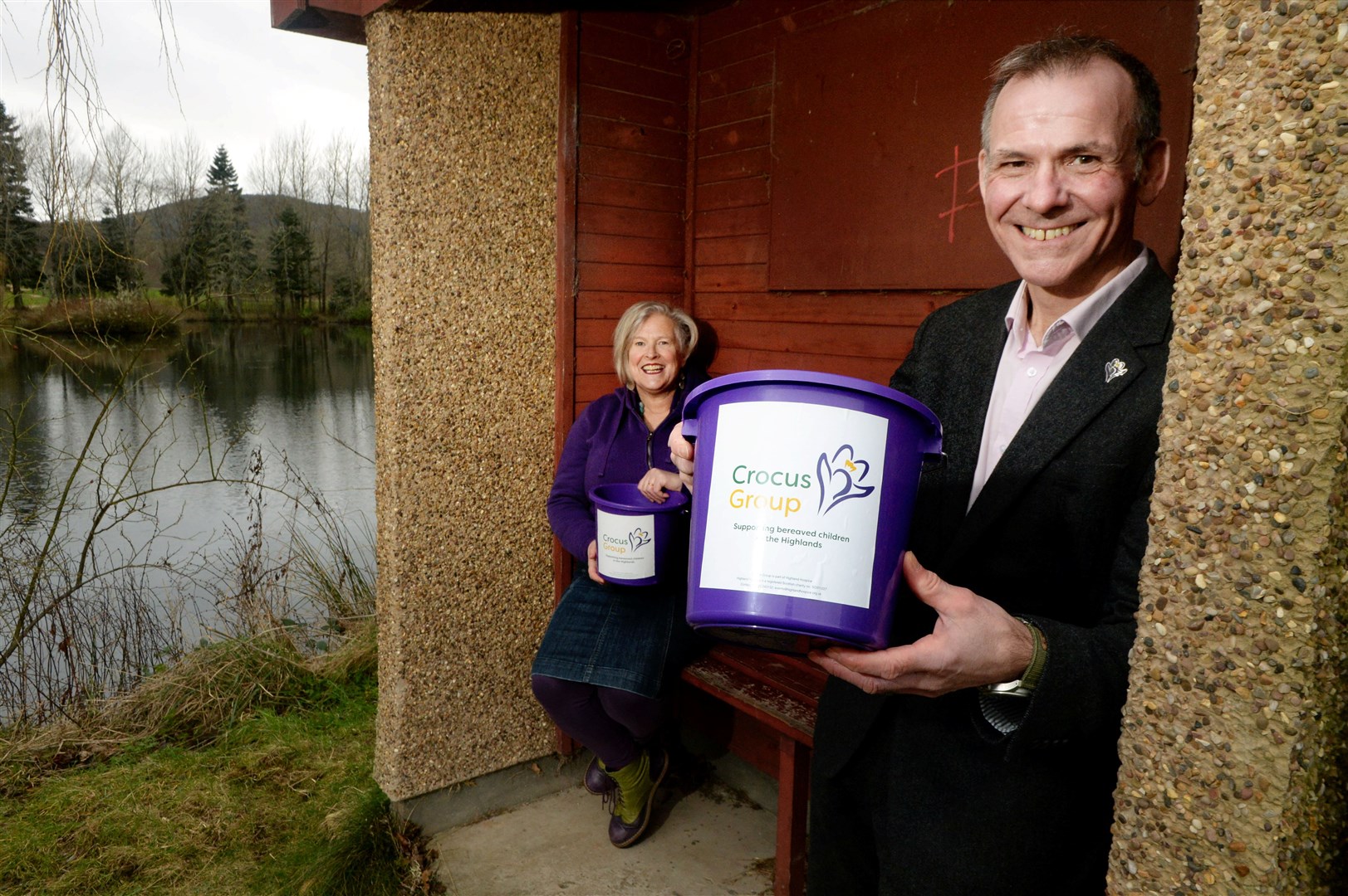 Highland Hospice and the Crocus Group have teamed up to ask for donations which will see them plant a field of crocuses in the new Torvean Park. Julia McKillop, Crocus Group Childhood Bereavement coordinator and Andrew Leaver, Highland Hospice fundraising manager in front of the pond in Torvean Park. Picture: James Mackenzie.