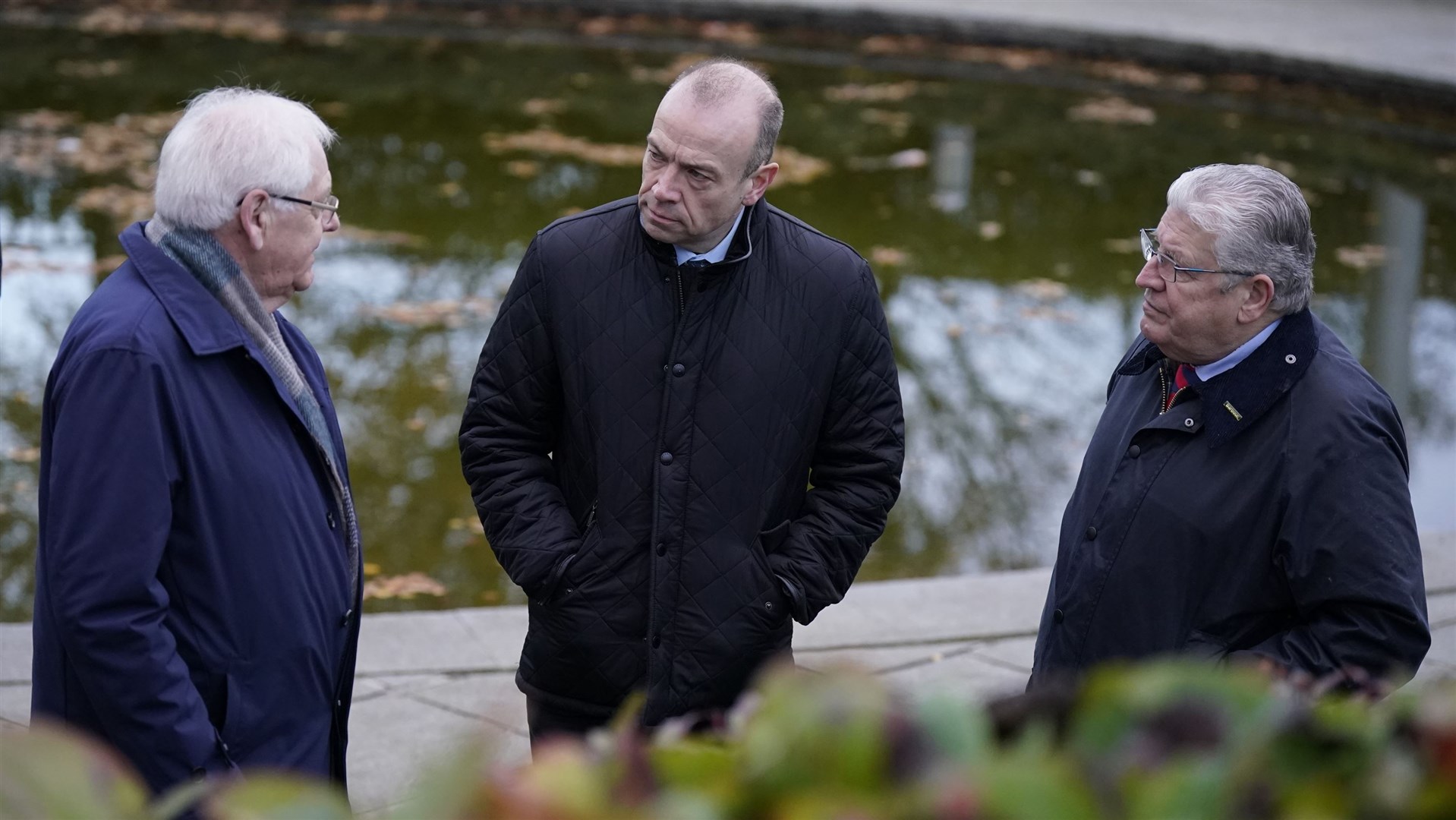 Northern Ireland Secretary Chris Heaton-Harris, centre, met with Stanley McCombe, right, who lost his wife Ann in the blast, and Michael Gallagher, who lost his son Aiden, in December (Niall Carson/PA)