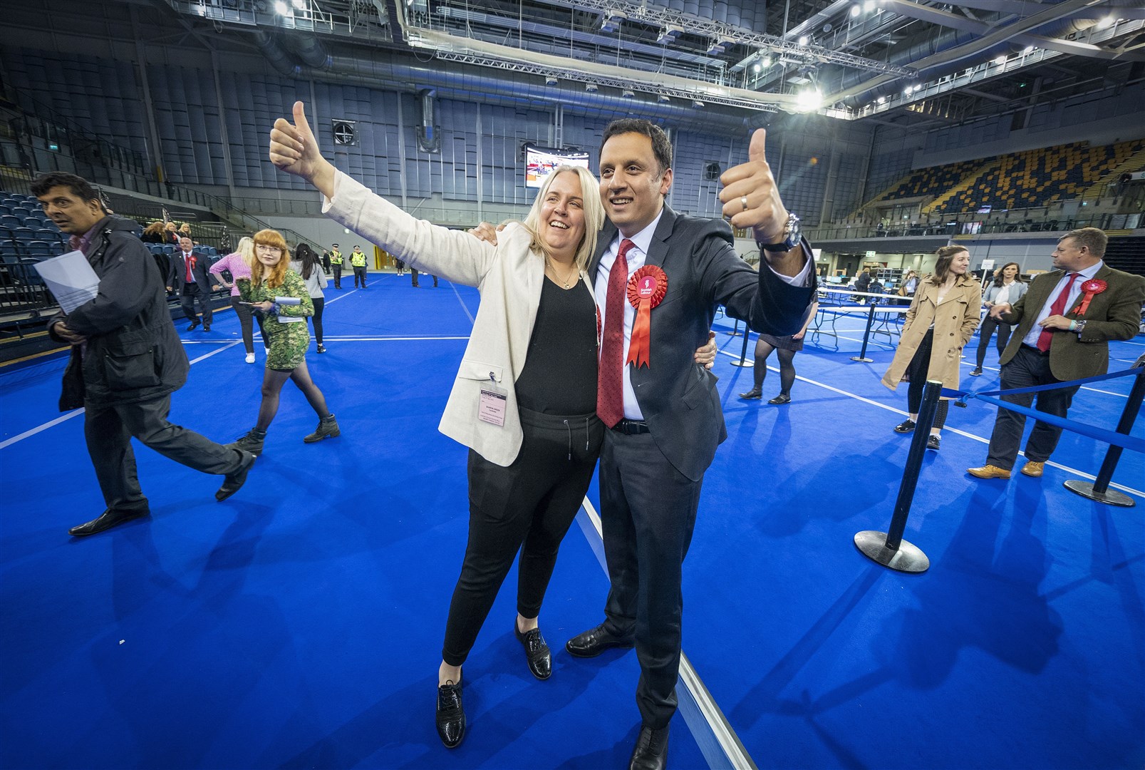 Scottish Labour leader Anas Sarwar with candidate Sharon Greer at the Glasgow City Council count (Jane Barlow/PA)
