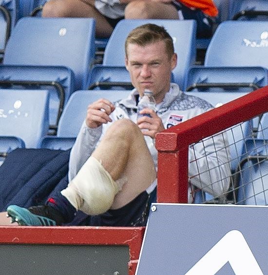 The injured Billy McKay sports a large pack of ice on his leg as he watches the rest of Ross County's 5–0 loss to Celtic last weekend. Pictures: Ken Macpherson