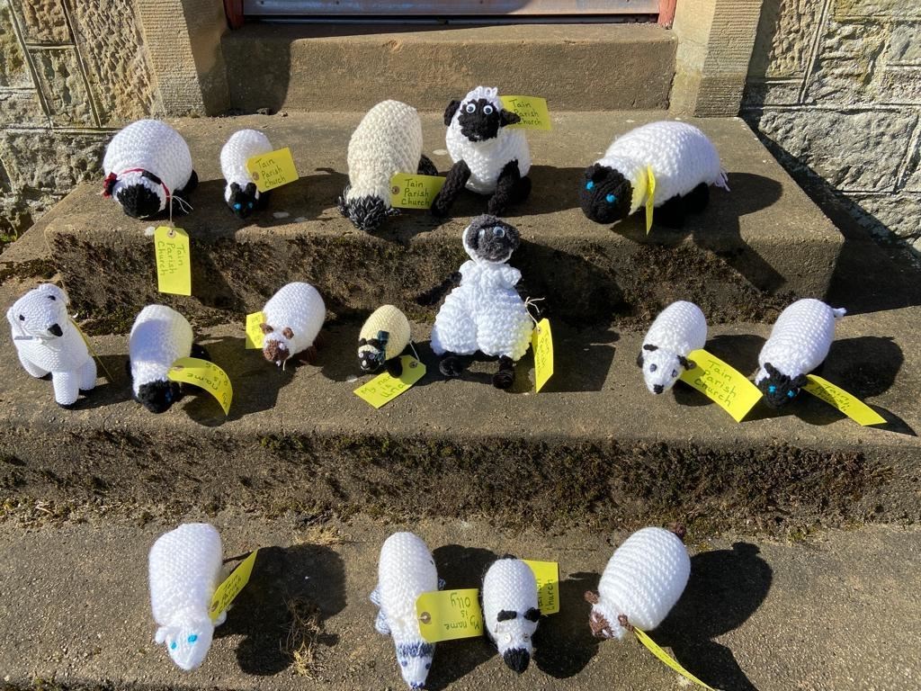 The flock of knitted lambs on the church steps.