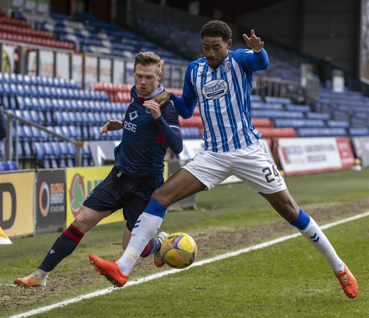 Picture - Ken Macpherson, Inverness. Ross County(3) v Kilmarnock(2). 06.03.21. Ross County's Billy McKay on the attack against Kilmarnock's Zech Medley.