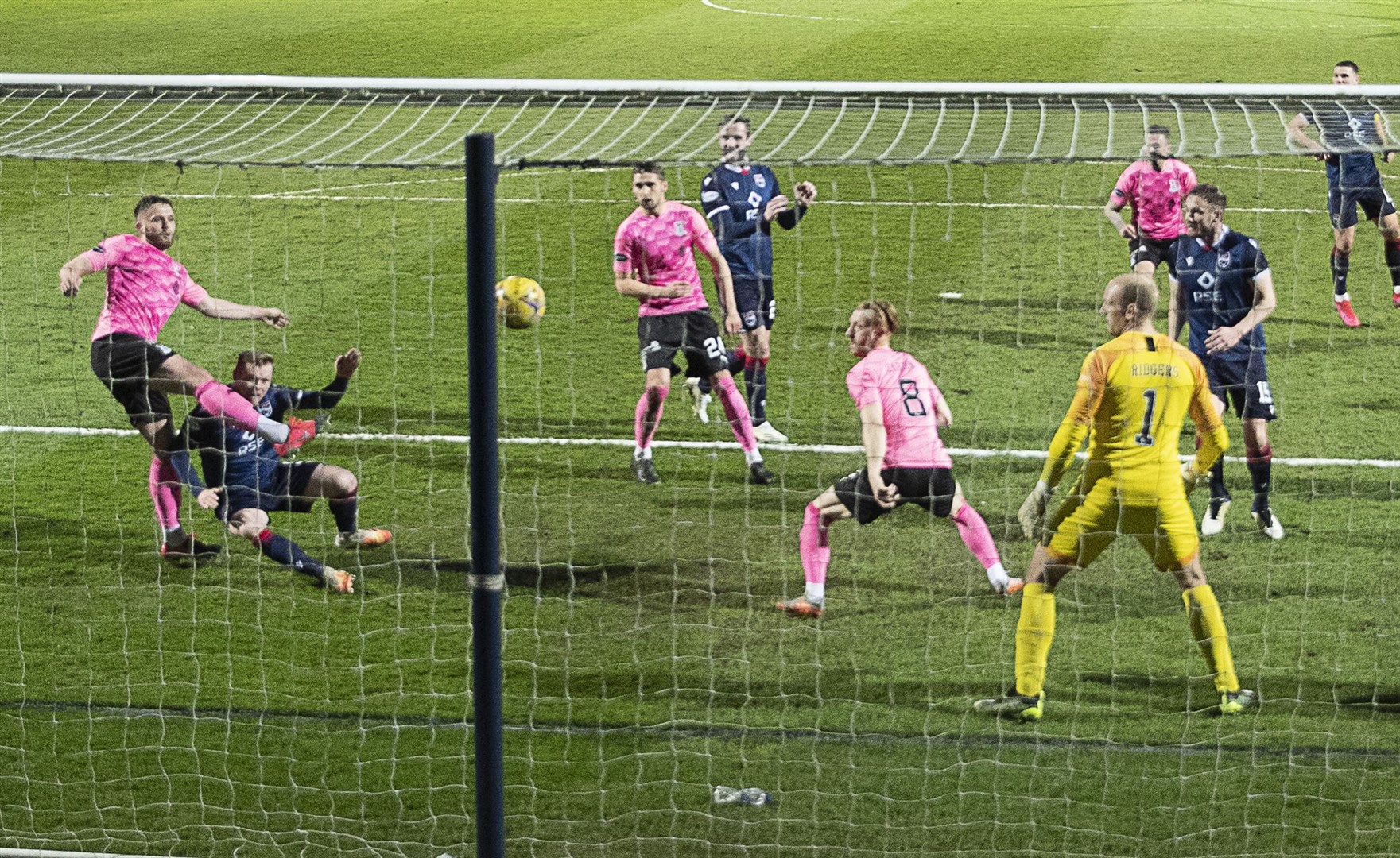 Picture - Ken Macpherson, Inverness. Scottish Cup 3rd Round. Ross County(1) v Inverness CT(3). 02.04.21. Ross County's Billy McKay heads 1st goal past ICT 'keeper Mark Ridgers.