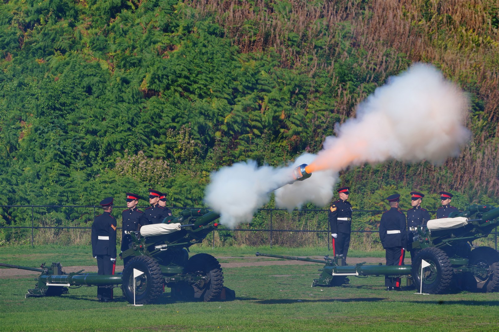 Reservists from 104 Regiment Royal Artillery fire a royal gun salute from Cardiff Castle to mark the arrival of King Charles III in Wales (Ben Birchall/PA)