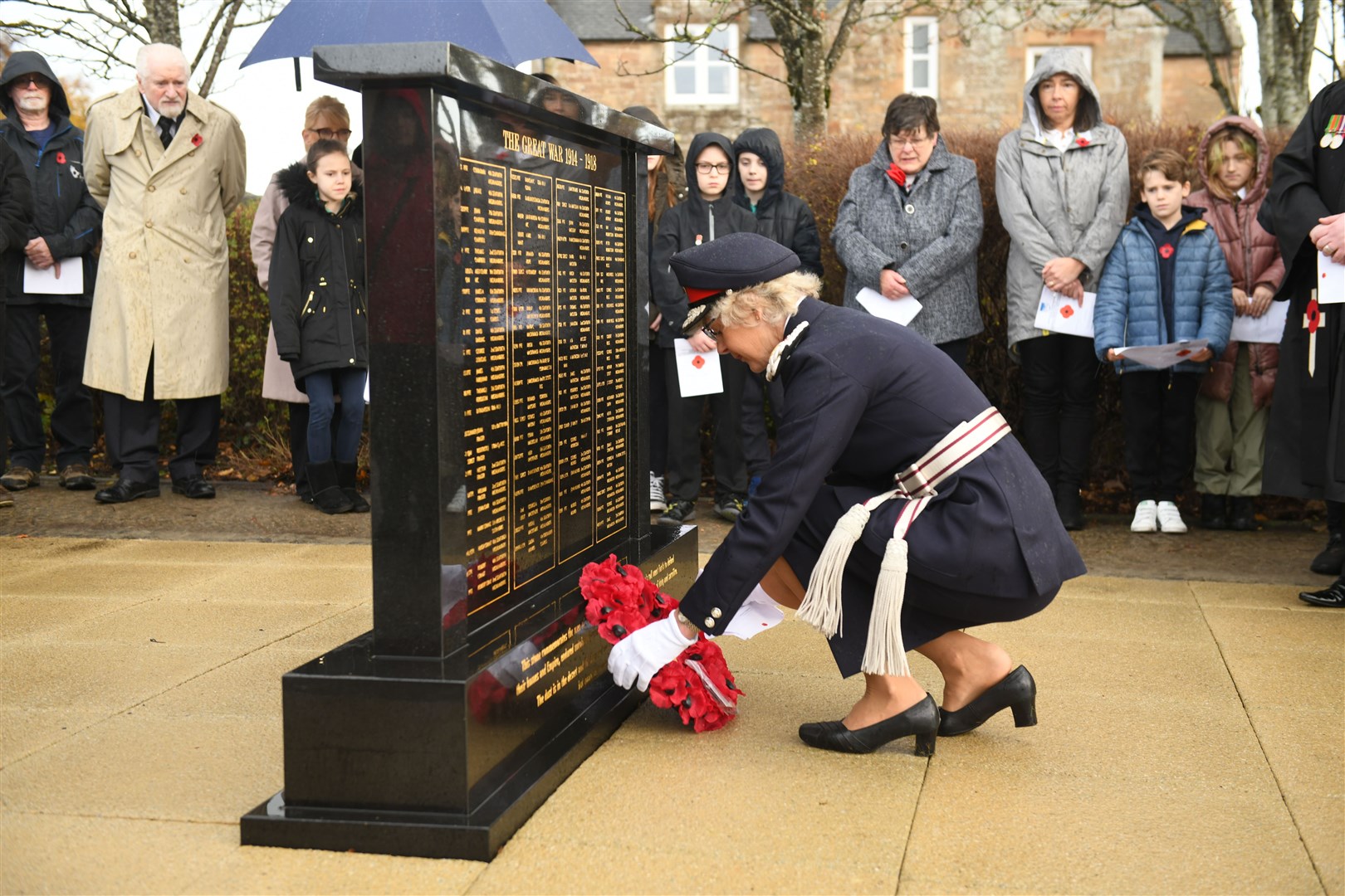 His Majesty's Lord Lieutenant of Ross and Cromarty, Mrs Joanie Whiteford, laying a wreath. Picture: James Mackenzie.