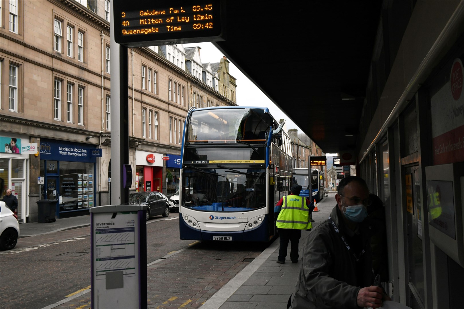 Double decker bus which hit the Post Office in Queensgate, Inverness. Picture: James Mackenzie