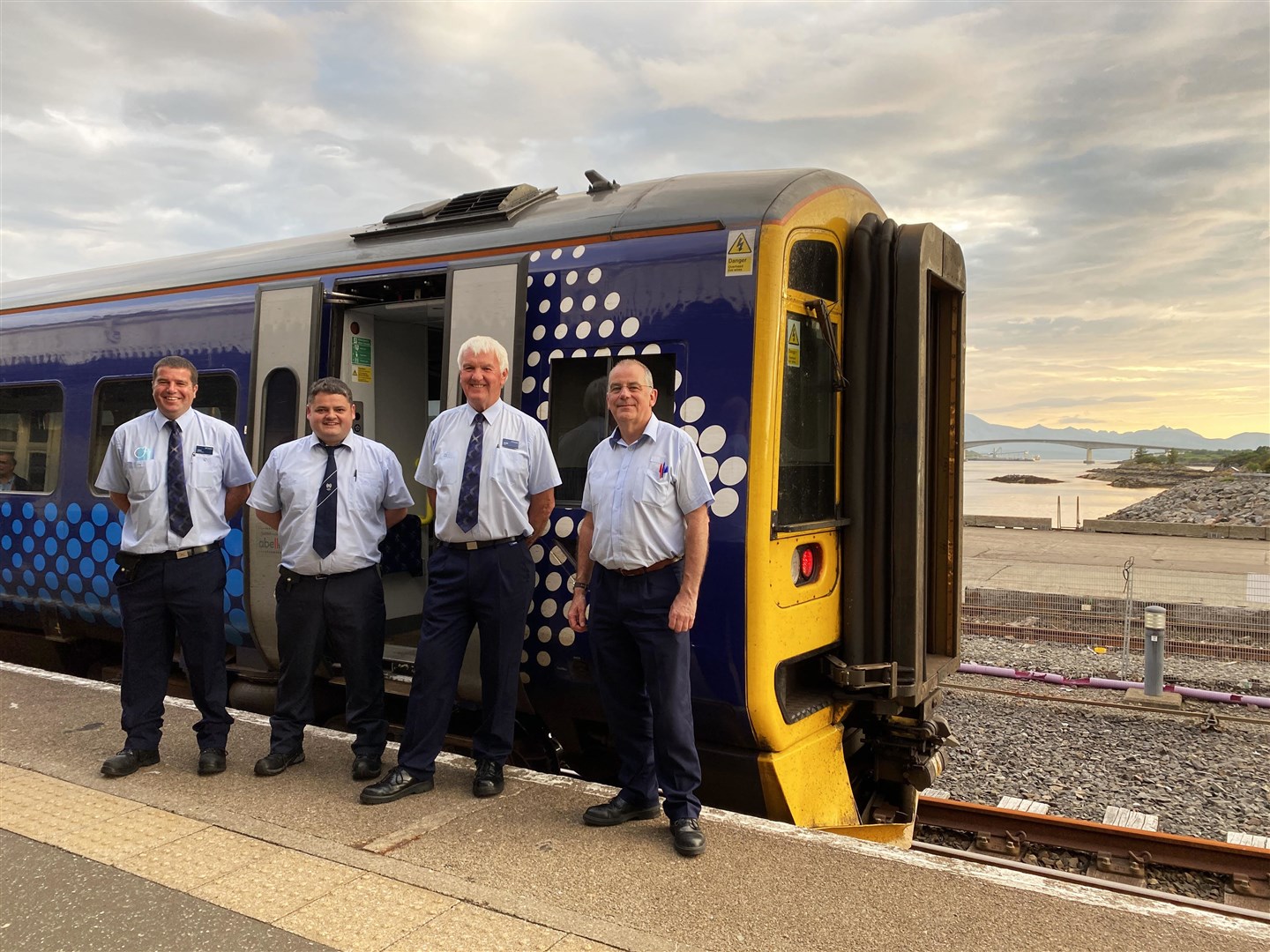 Donnie Maclean, the Kyle train driver retiring after almost 50 years' service.L-R Callum MacKenzie (conductor), Stuart Martin (fellow driver), Donnie Maclean (driver), Nigel Devlin (manager).
