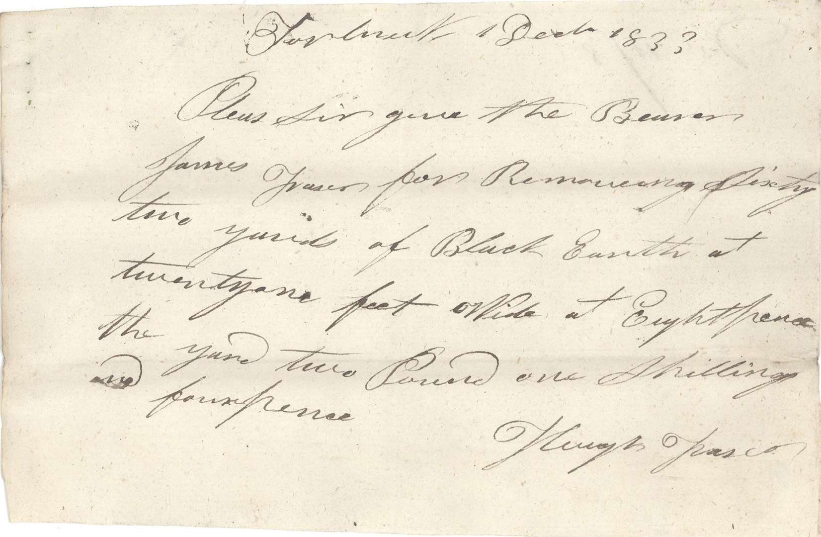 Torbreck Farm wage slip, December 1833.