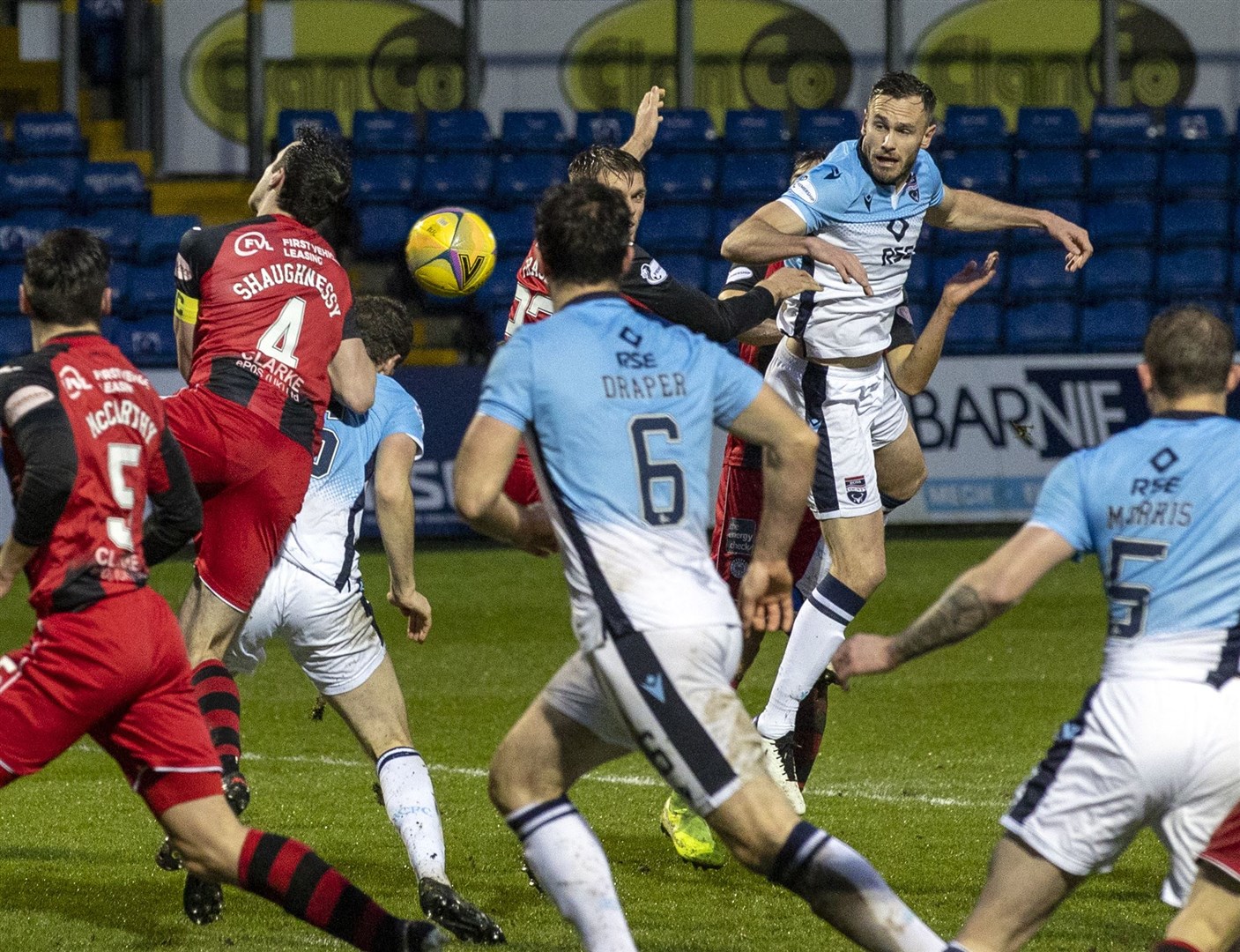 Picture - Ken Macpherson, Inverness. Ross County(0) v St.Mirren(2). 26.12.20. Ross County's Keith Watson heads for goal.