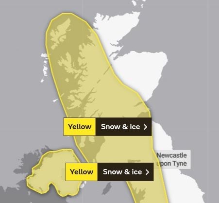 The area covered by Saturday's yellow warning for snow and ice. Picture: Met Office.