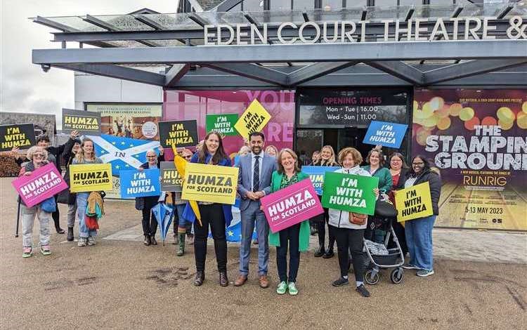 Humza Yousaf (centre) greeted by supporters in Inverness, including Caithness, Sutherland and Ross MSP Maree Todd and Highland MSP Emma Roddick.
