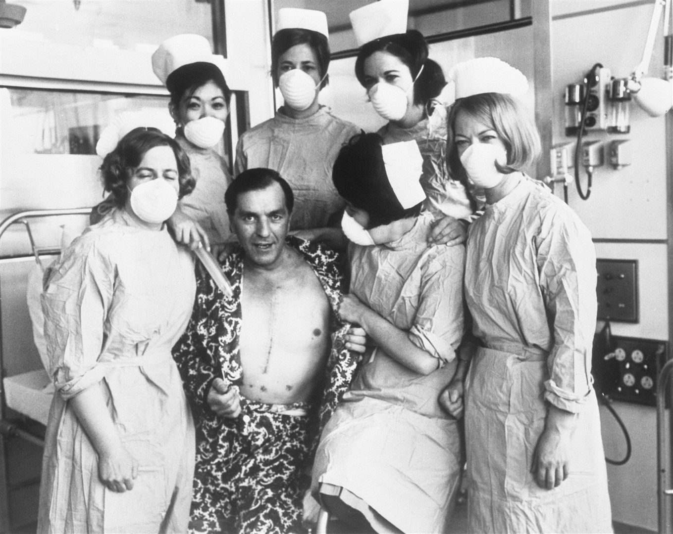 Frederick West, 45, Britain’s first heart transplant patient, pictured with his nurses in his special suite at the National Heart Hospital in Marylebone, London, where the operation took place (PA Archive)