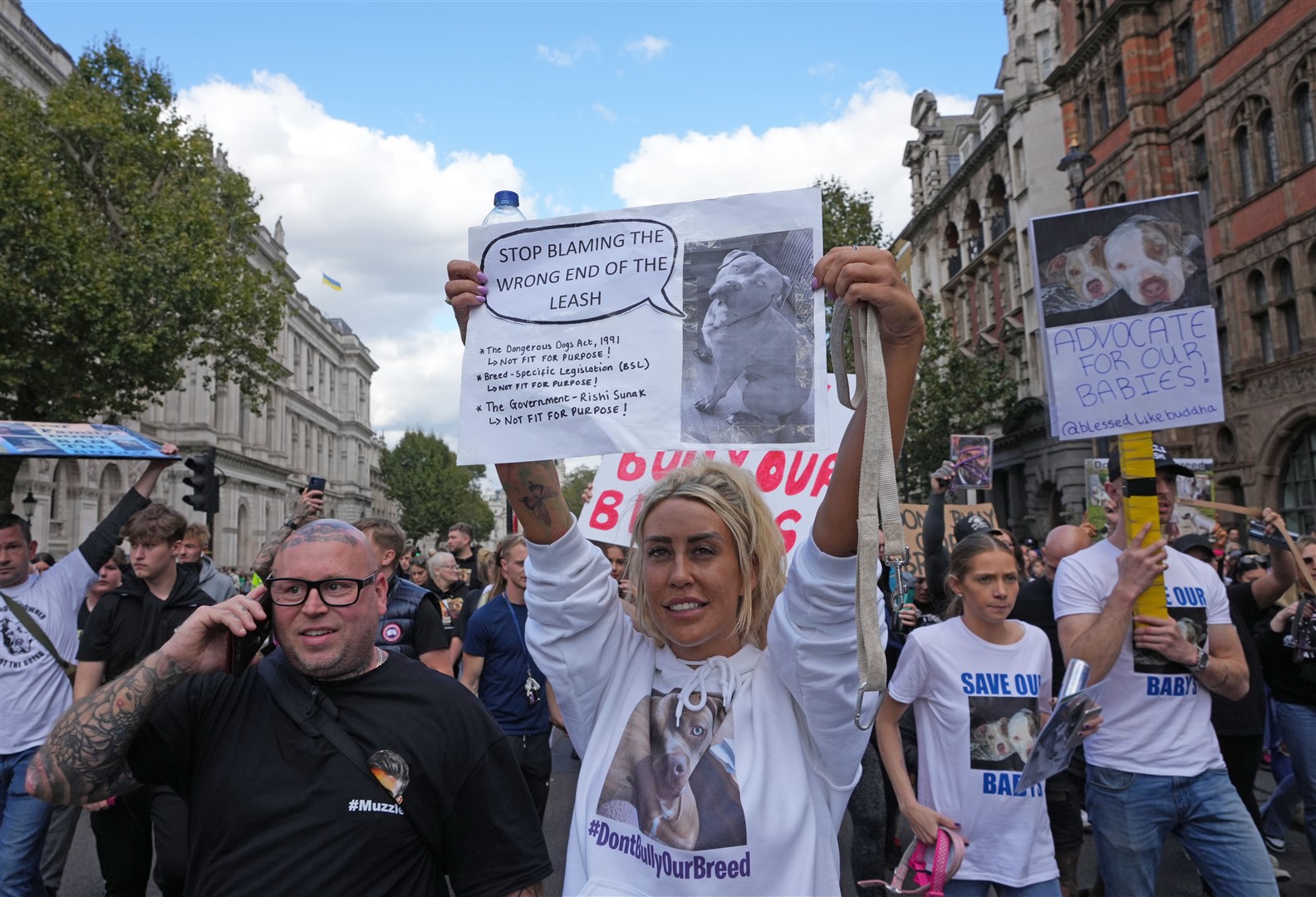 People take part in a protest in central London against the Government’s decision to ban XL bully dogs (Jeff Moore/PA)