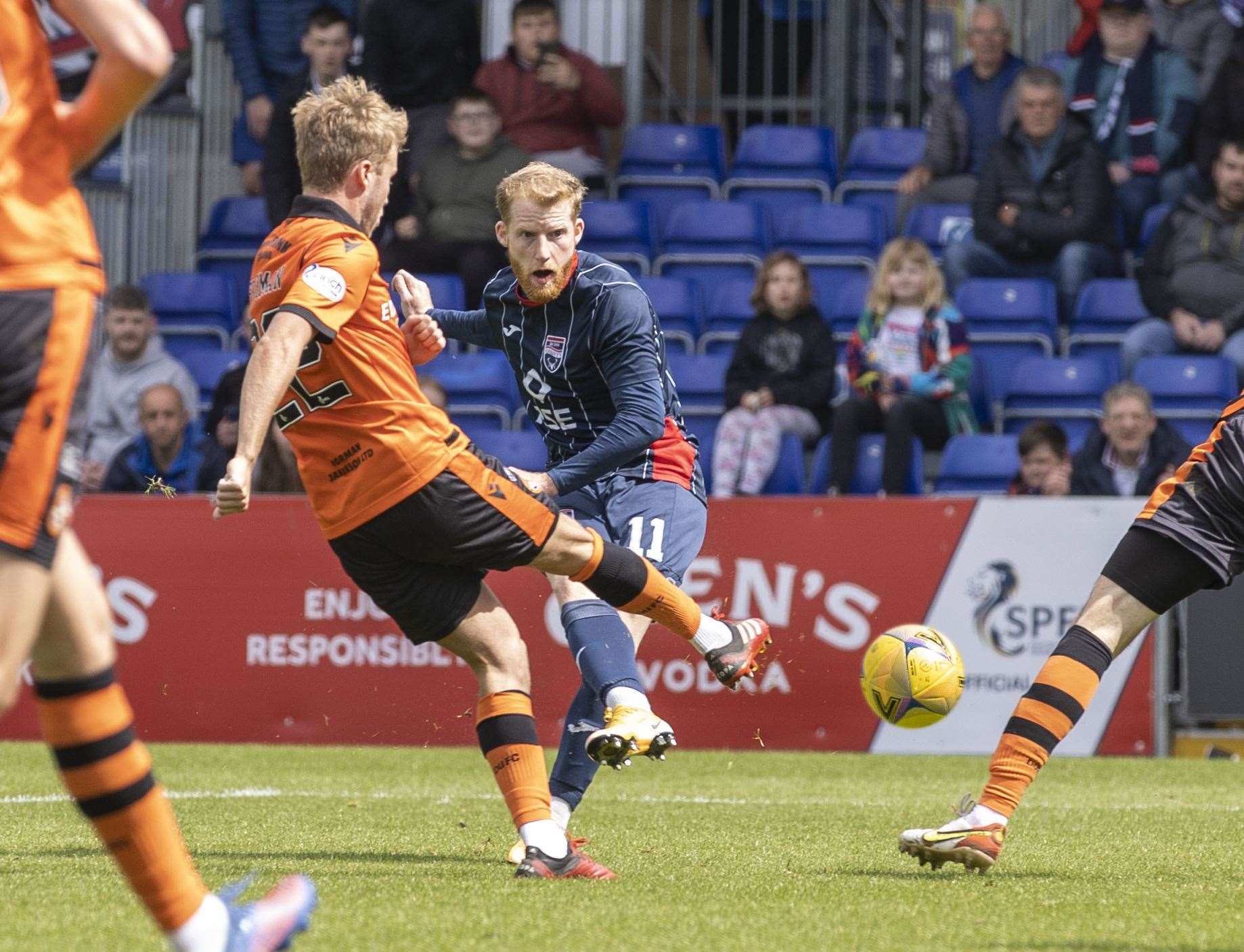 Picture - Ken Macpherson. Ross County(1) v Dundee Utd(2). 14/05/22. Ross County's Josh Sims gets a shot on goal.