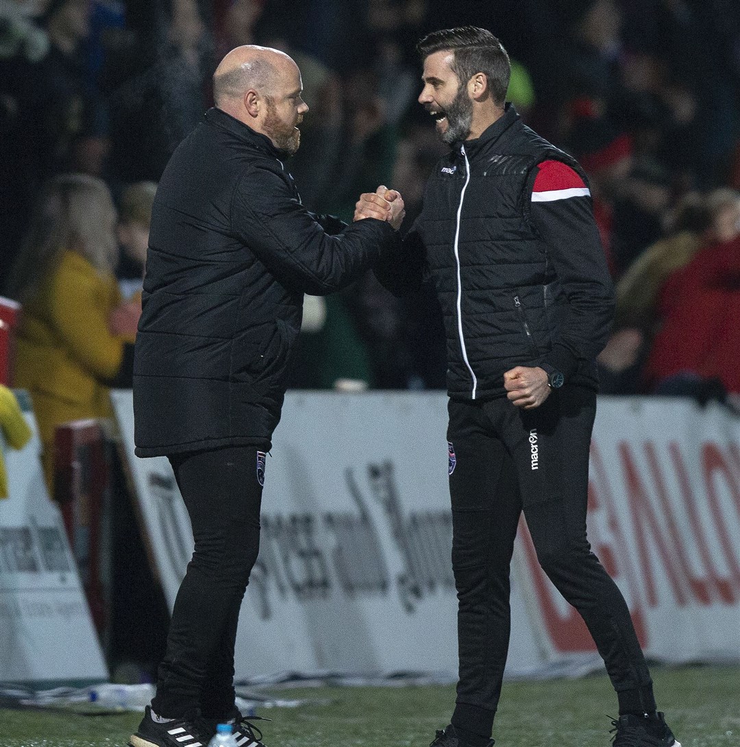 Picture - Ken Macpherson, Inverness. Ross County(3) v Ayr United(2). 26.02.19. Ross County co-managers Steven Ferguson and Stuart Kettlewell celebrate after the final whistle.