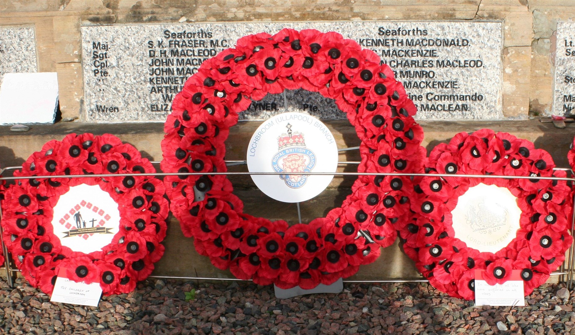Wreaths laid at the Ullapool and Lochbroom cenotaph.